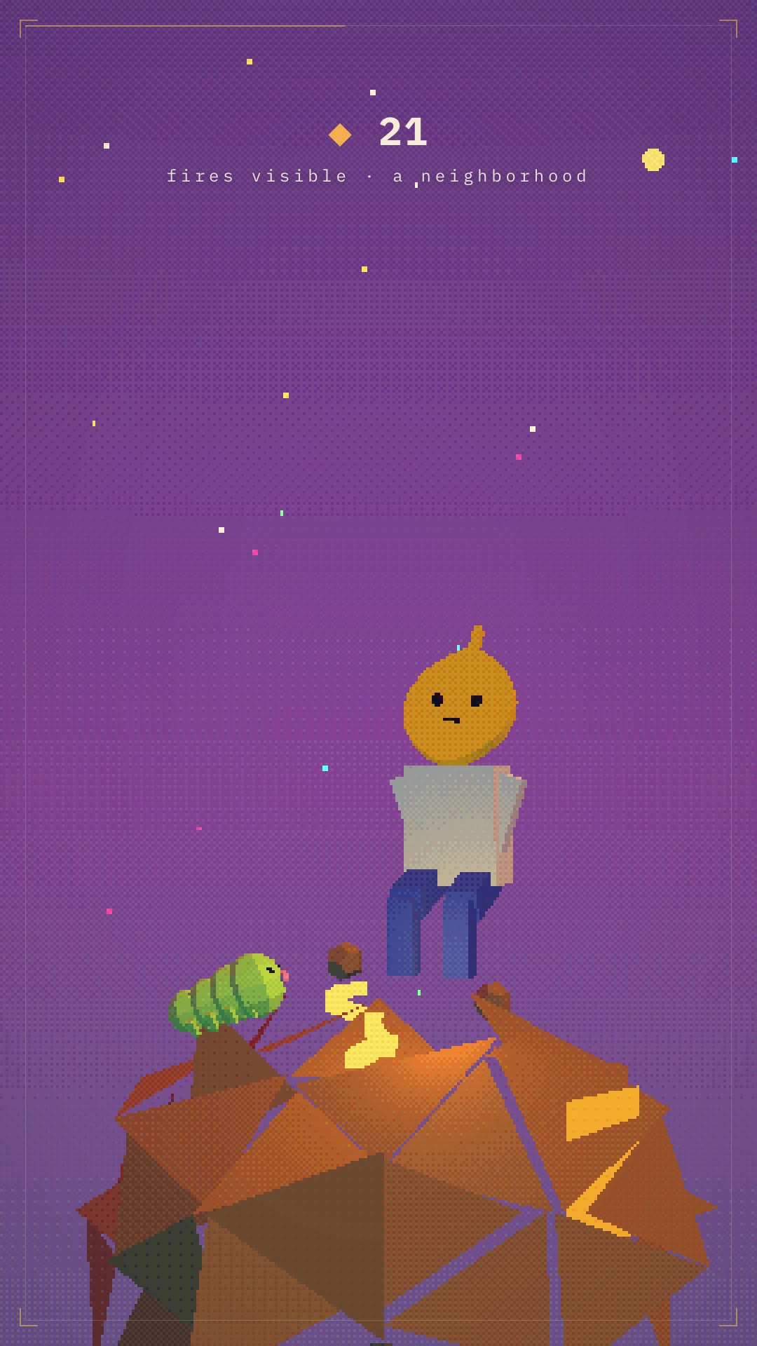 Fig, a small figure with a gold fig-leaf head, sits on a rock beside Moss, a green tardigrade, under a purple sky. A readout says 21 fires visible, a neighborhood.